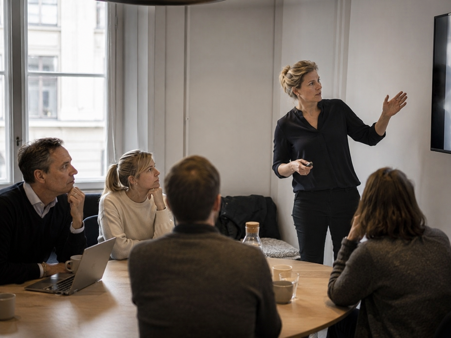 En person presenterar resultat för en liten grupp runt ett bord.