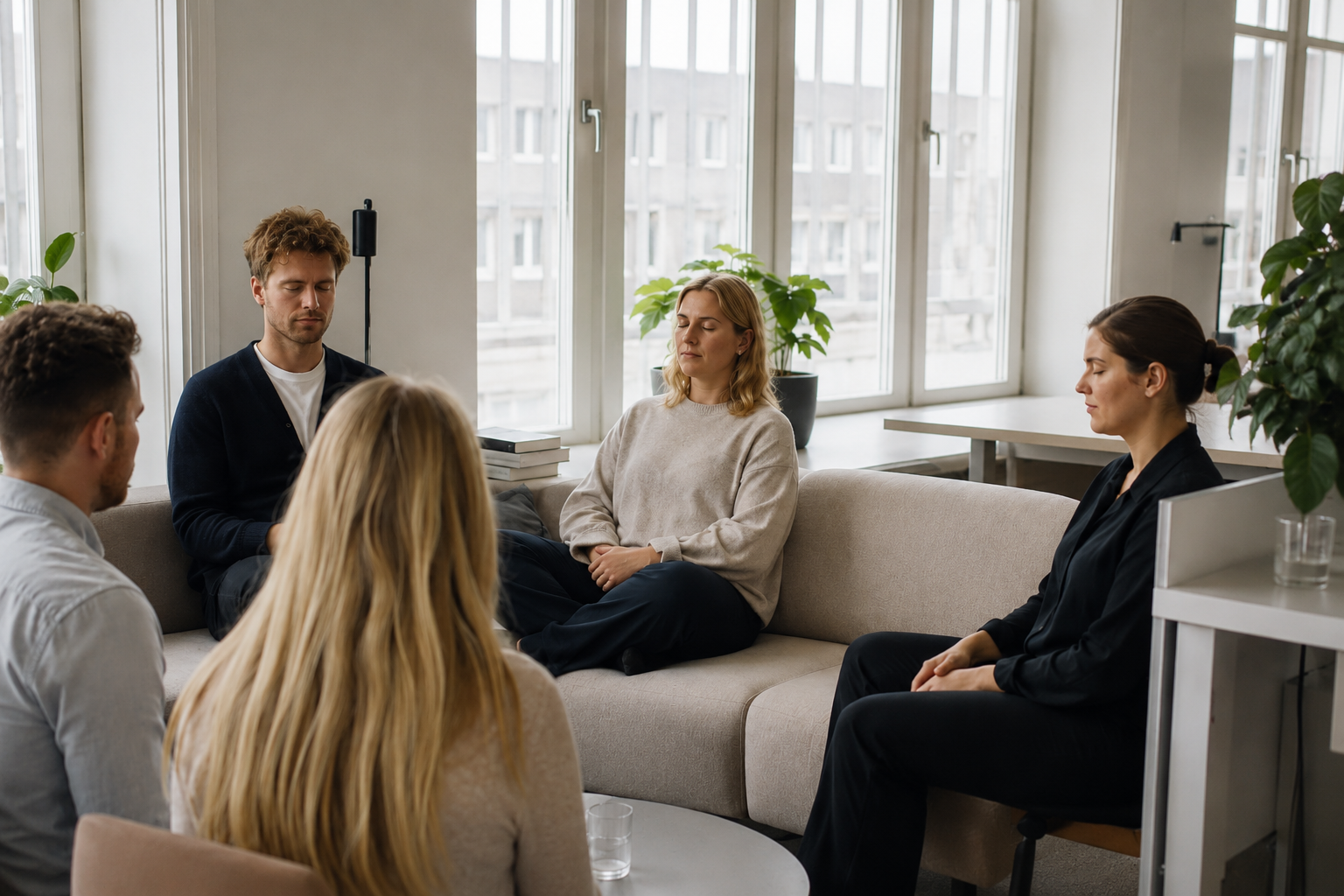Ett team i ett instruktörslett pass tillsammans på sin arbetsplats.