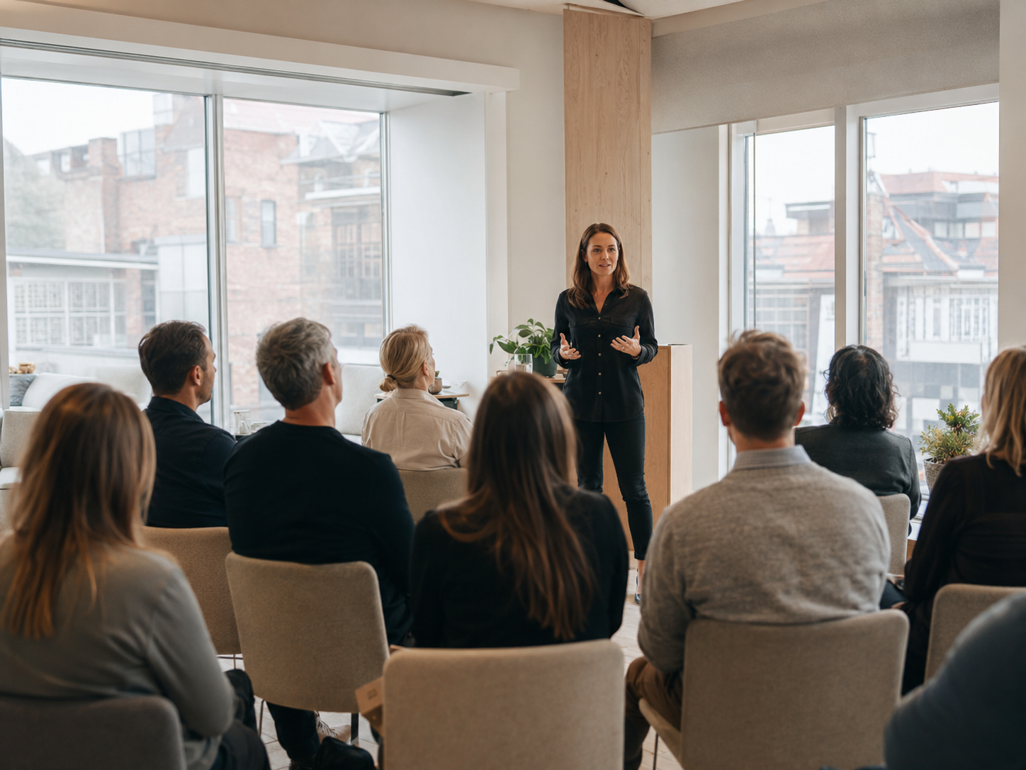 A speaker leads an inspirational talk for a group of employees.
