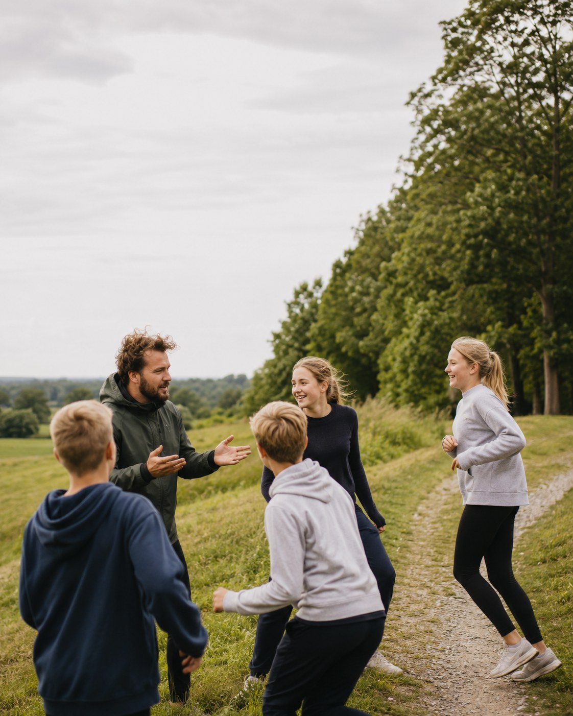 En ledare samtalar med en grupp tonåringar under ett utomhuspass i naturen
